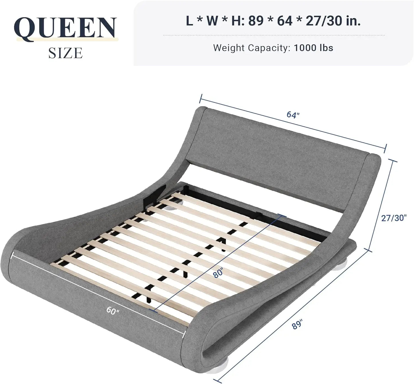 Upholstered Platform Bed Frame with Ergonomic & Adjustable Headboard, Modern Low Profile Sleigh Design