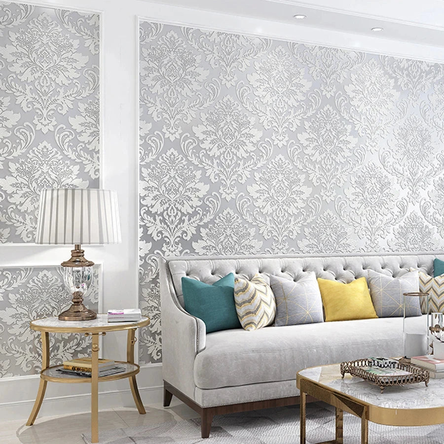 European 3D Relief Embossed Damask Wallpaper Bedroom Living room Background Floral Pattern 3D Textured Wall Paper Home Decor