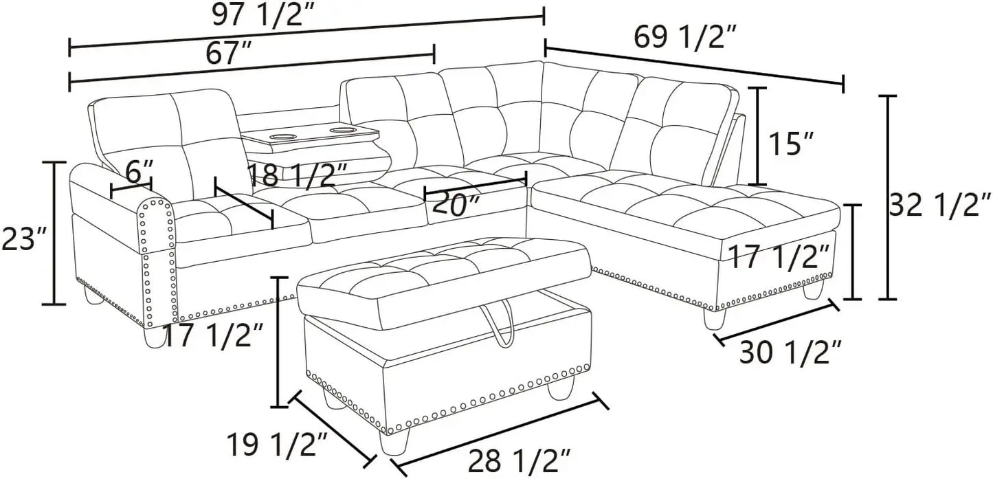 Shaped Sectional Couch with 70" Chaise Lounge, 98" Faux Leather Upholstered Modular Sofas with Right Armrest, Button Tufted