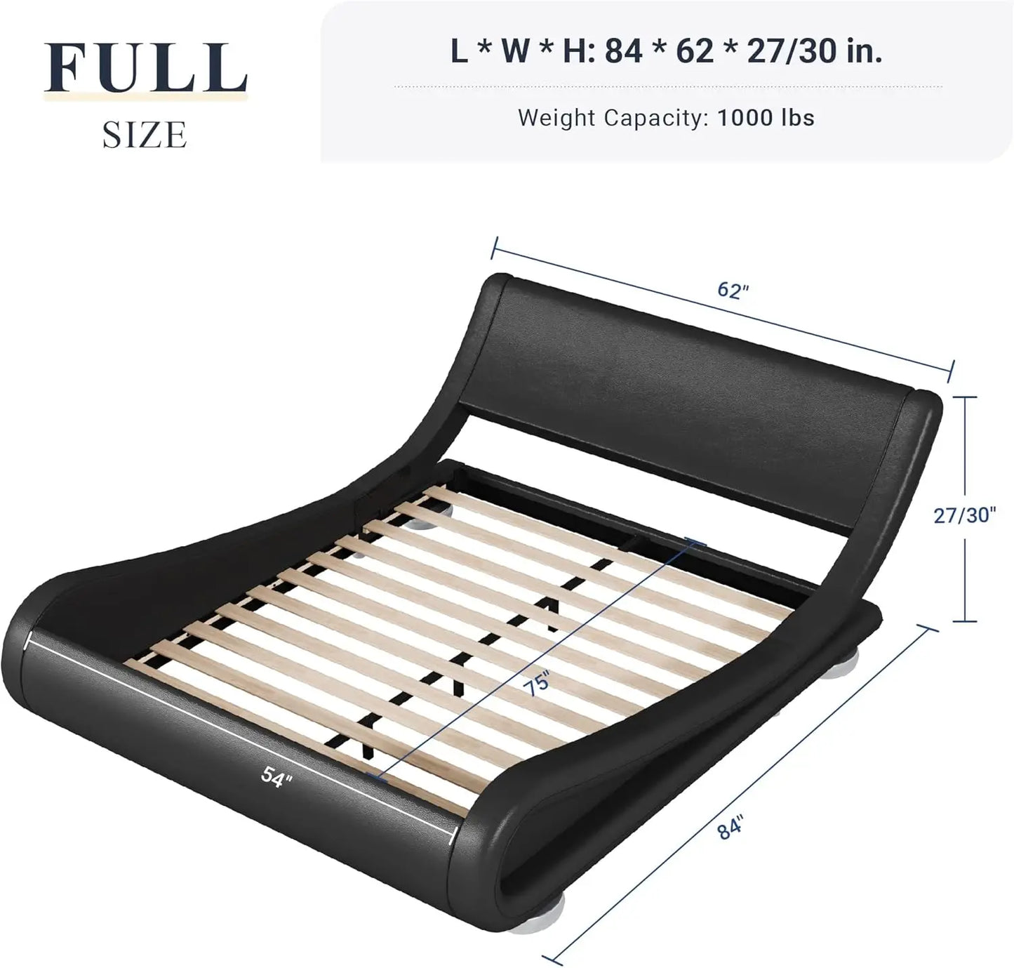 Upholstered Platform Bed Frame with Ergonomic & Adjustable Headboard, Modern Low Profile Sleigh Design