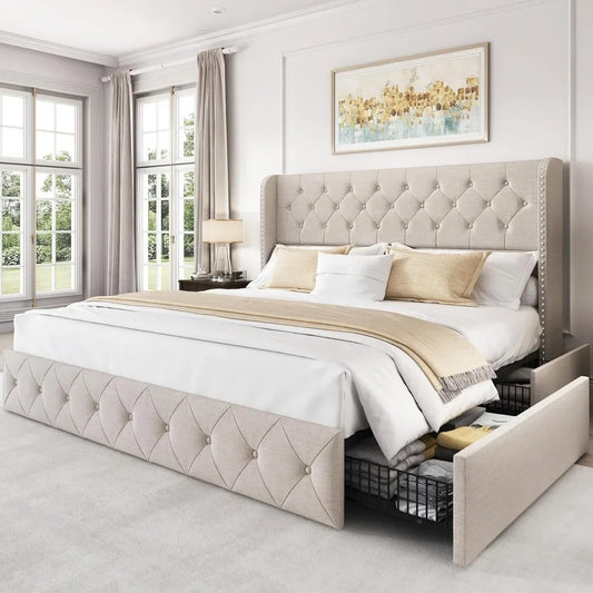 King Size Bed Frame with 4 Storage Drawers and Tufted Headboard Linen Upholstered Platform Bed Frame Wingback Beds.