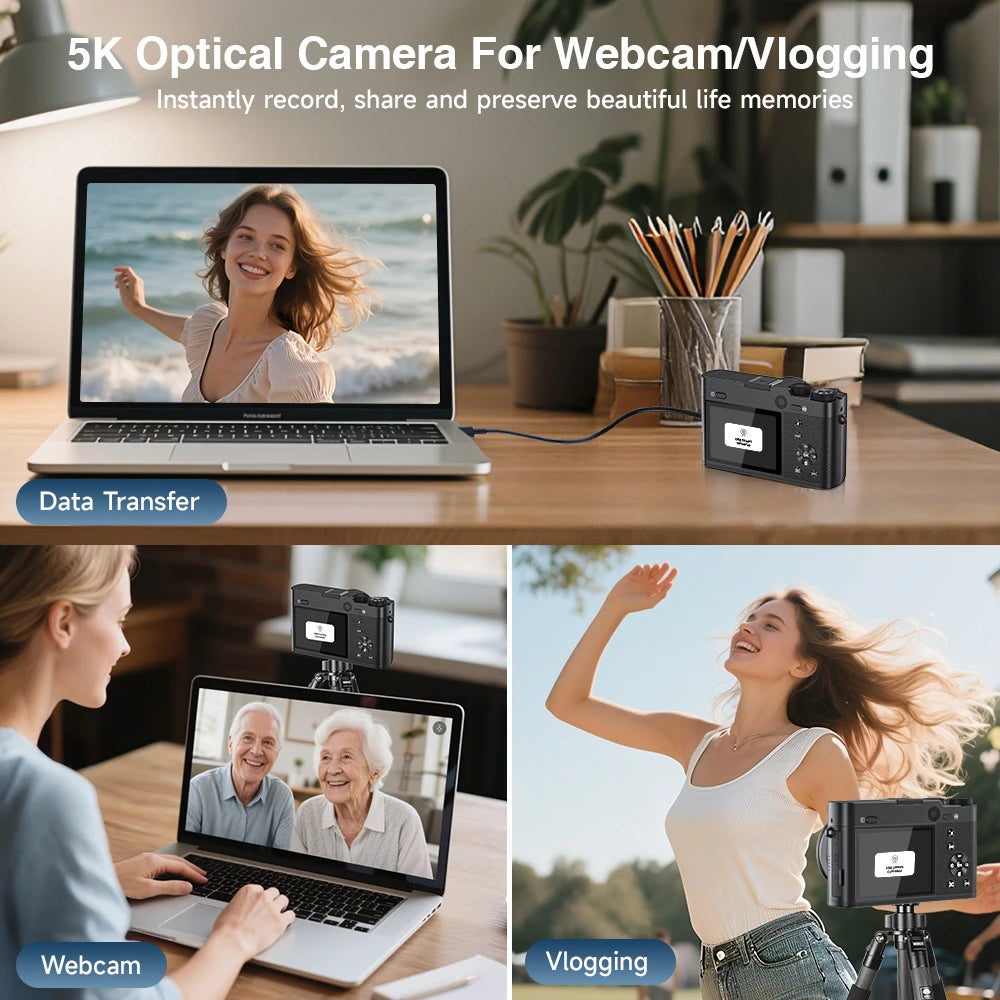 Digital Camera, 6X Optical Zoom & WiFi, 5K 30FPS 64MP Vlogging Camera, Rear & Front Cameras for Photography and Video, 64GB Card