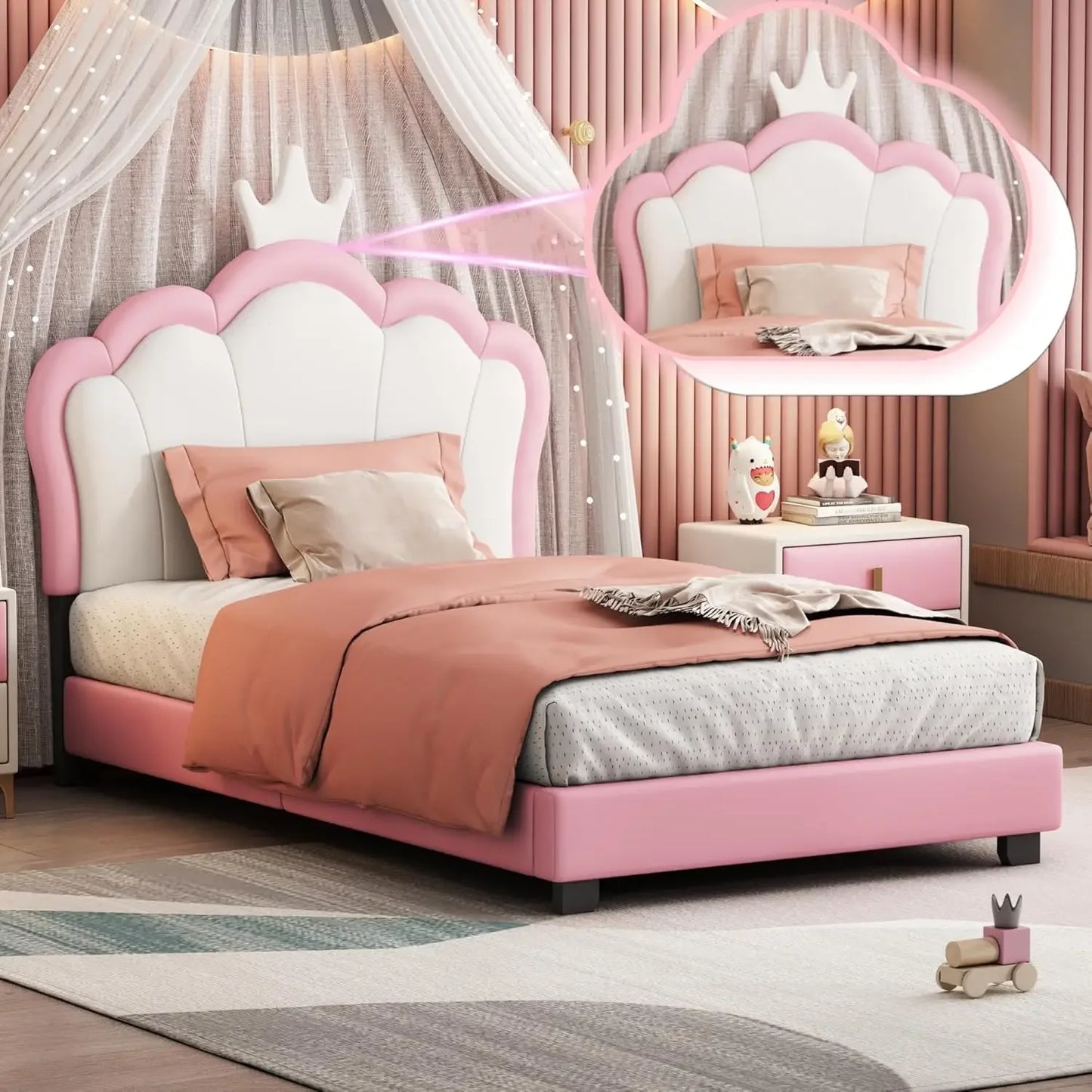 Full-Size Upholstered Princess Bed with Crown Headboard, Full Size Platform Bed with Headboard and Footboard Suitable for girls