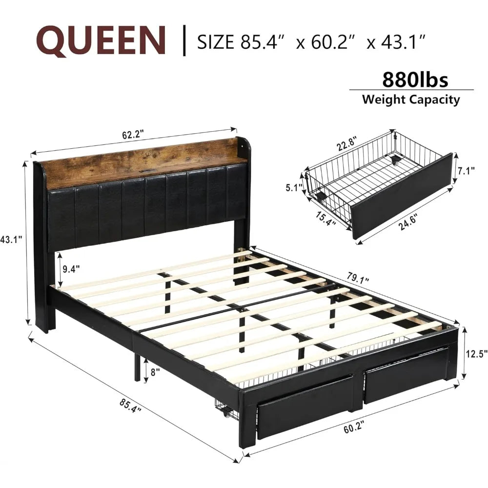 Upholstered Bed Frame Queen Size with Headboard with Storage Drawers & Charging Station,No Box Spring Needed/Heavy Duty
