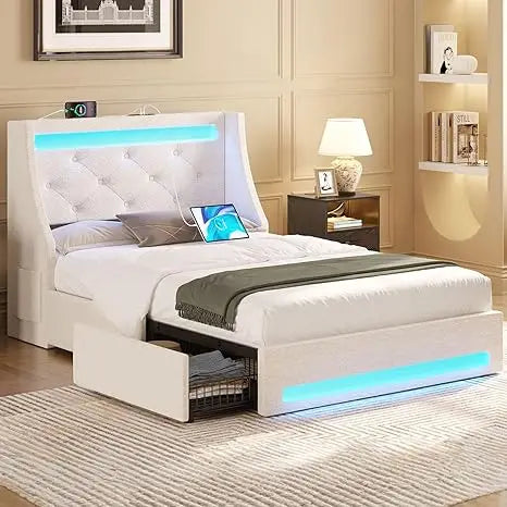 Twin bed frame with LED lights and charging station, upholstered bed with drawers, wooden planks, noiseless and easy to assemble