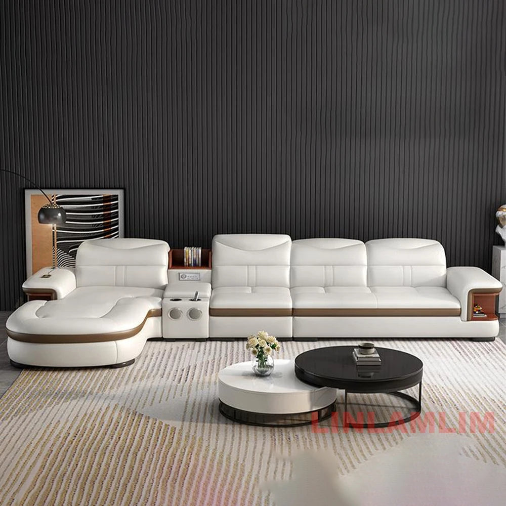 Modern L-Shaped Sectional Sofa with Chaise, Luxury Italian Genuine Leather Couch with adjustable headrest, Storage, USB, Console