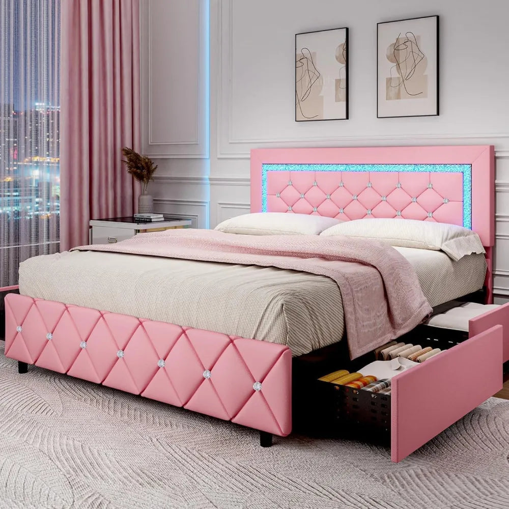 Queen Size Bed Frame with LED Lights, Upholstered Bed Frame with 4 Storage Drawers, with Diamond Headboard and Footboard