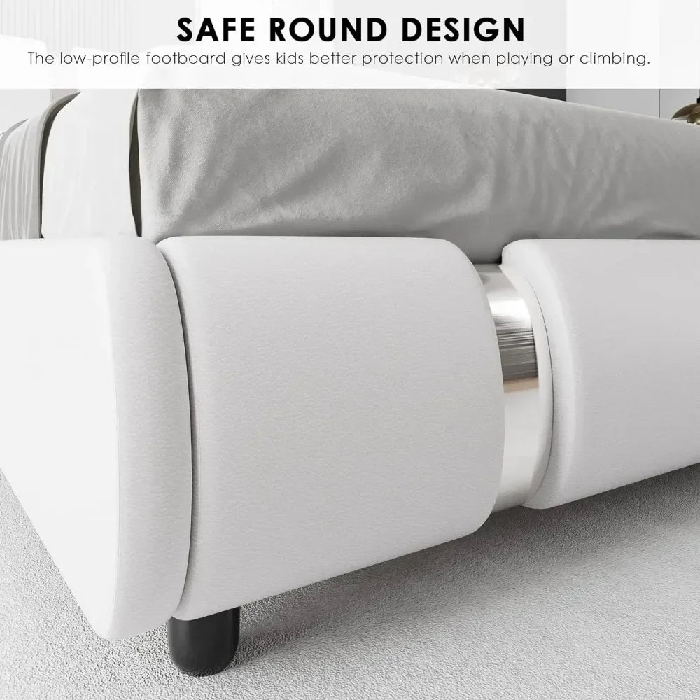 Modern Faux Leather Upholstered Platform Bed Frame with Golden Iron Metal Decor, Adjustable Curved Headboard, Queen Size, White