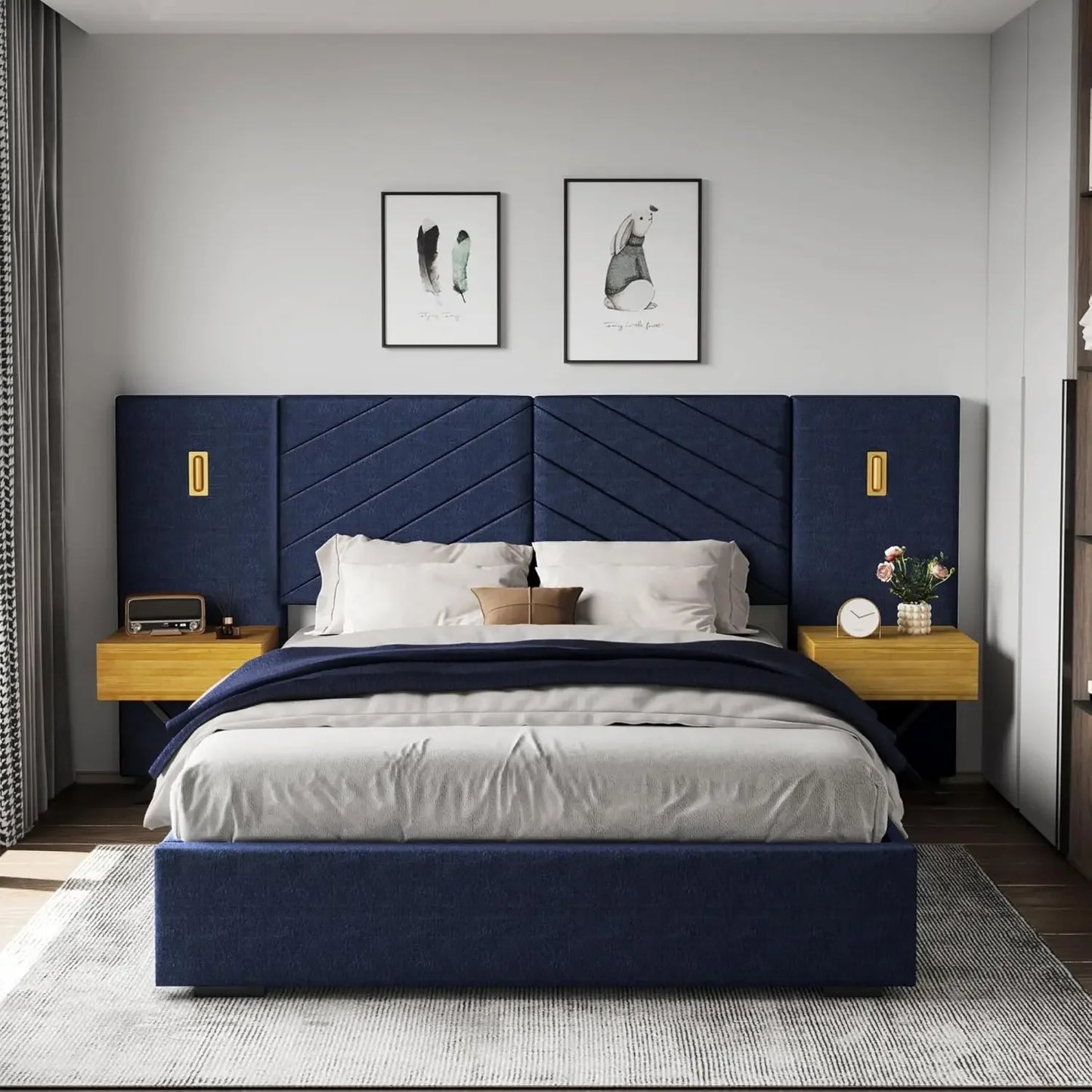 Luxury Bed Frame with Built-in Gold LED Lights and Nightstands, King Size Platform Bed with Oversize Upholstered Headboard