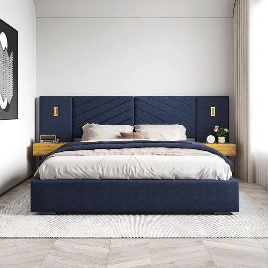 Luxury Bed Frame with Built-in Gold LED Lights and Nightstands, King Size Platform Bed with Oversize Upholstered Headboard