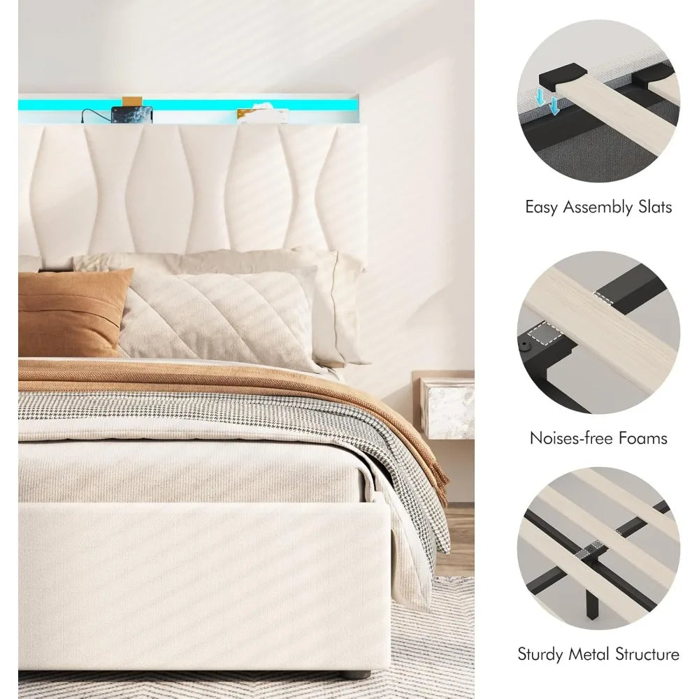 bedstead King Size Lift Up Storage, Height Adjustable Storage Headboard with Charging Station, LED Lights Platform Bed, bedstead