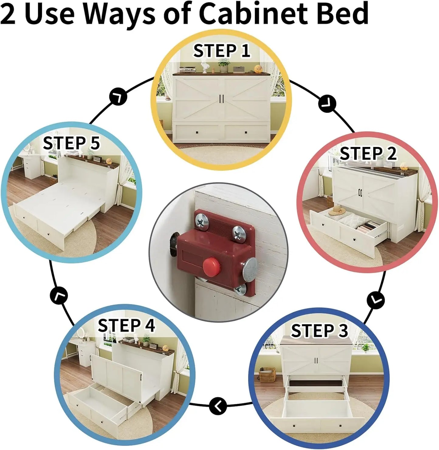 Full Size Murphy Bed, Cabinet Bed with Charging Station Large Storage Drawer for Home Office or Small Room, Hideaway Bed Full Fo