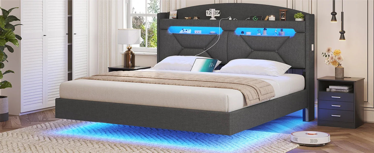 Queen Floating Frame RGB LED Lights ,USB-C/A Power Combo,Linen Upholstered Platform Bed with Storage Headboard
