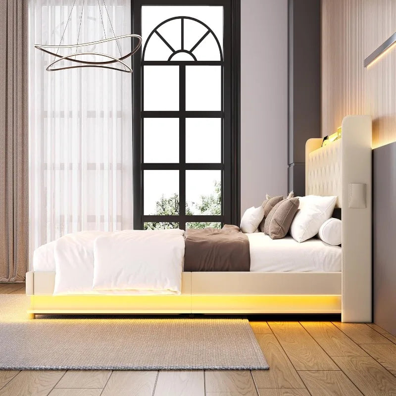 Bed Frame with Charging Station & Led Lights, Upholstered Platform Bed with Button Tufted Wingback Storage Headboard