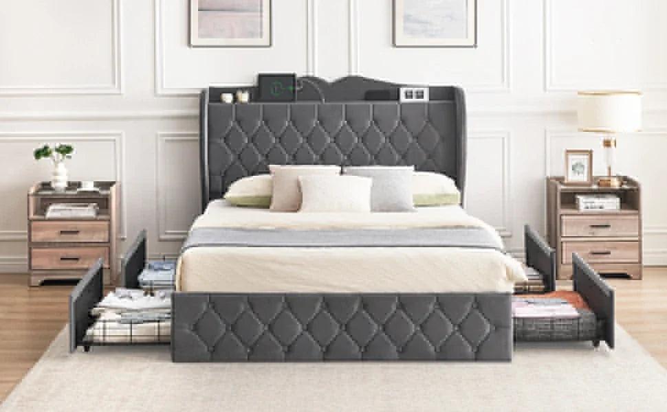 Bed Frame, 4 Storage Drawers and Charging Station Velvet Upholstered Bed with Tall Headboard and Storage Shelf, Bedroom Furnture