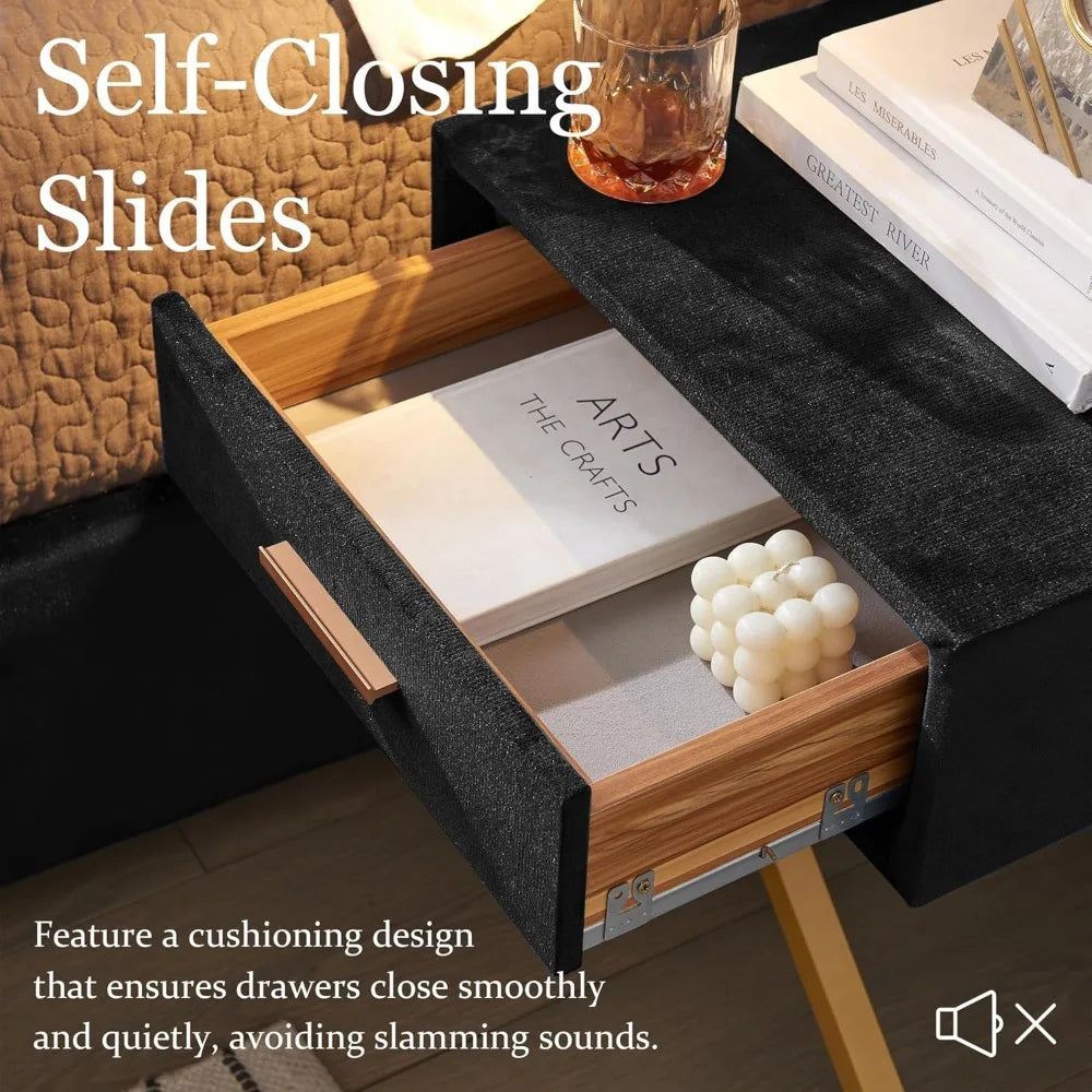 Luxury King Bed Frame with Built-in Gold LED Lights and Nightstands, King Size Platform Bed with Oversize Upholstered Headboard