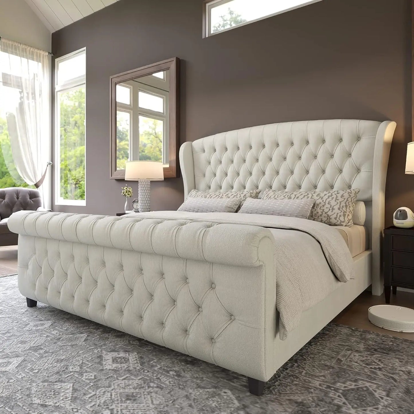 Queen Size Platform Bed Frame, Velvet Upholstered Sleigh Bed with Scroll Wingback Headboard & Footboard/Button Tufted Grey