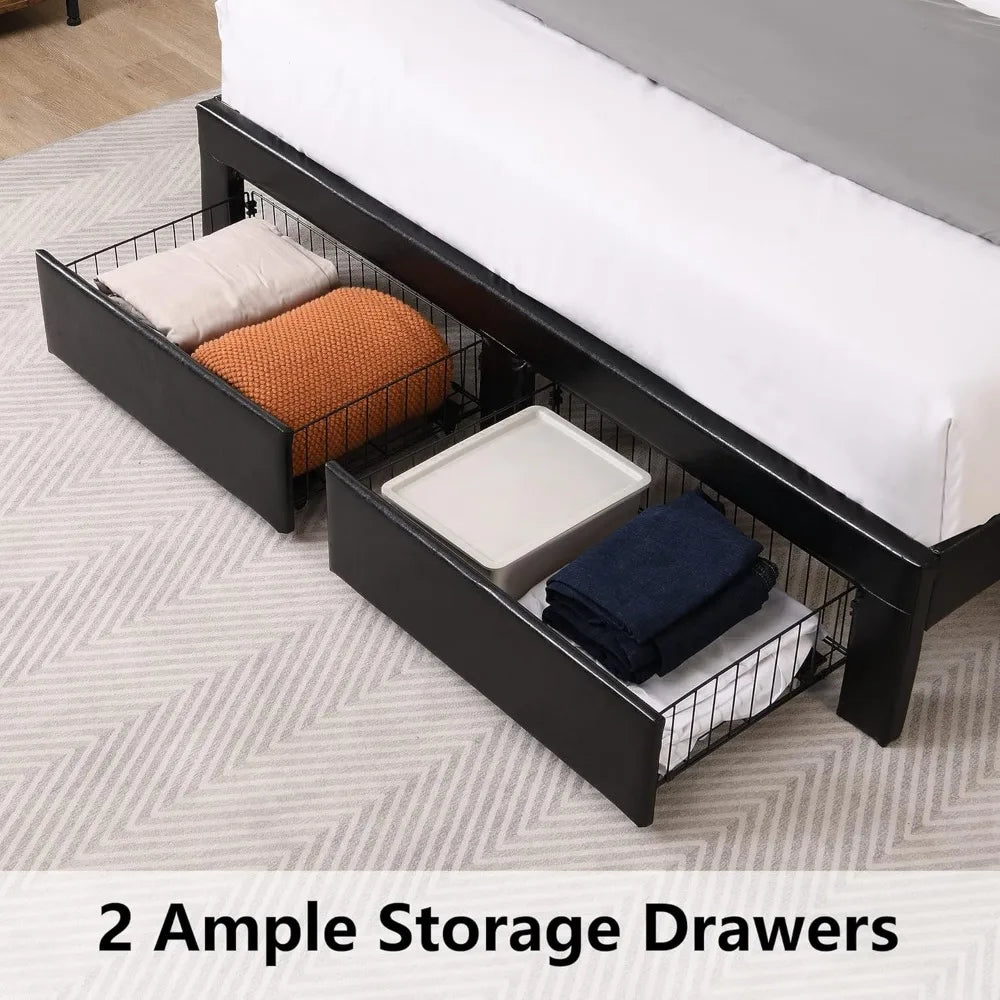 Upholstered Bed Frame Queen Size with Headboard with Storage Drawers & Charging Station,No Box Spring Needed/Heavy Duty