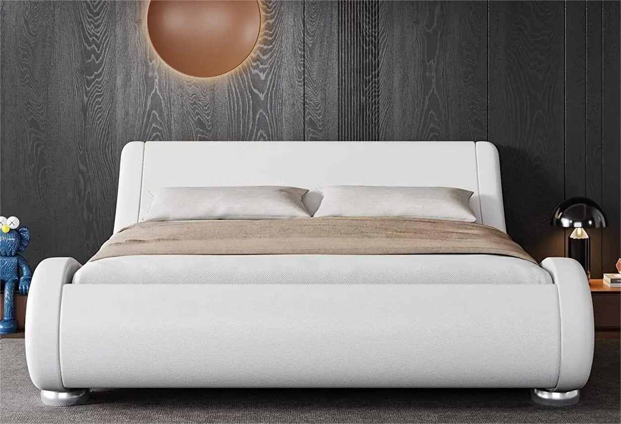Upholstered Platform Bed Frame with Ergonomic & Adjustable Headboard, Modern Low Profile Sleigh Design