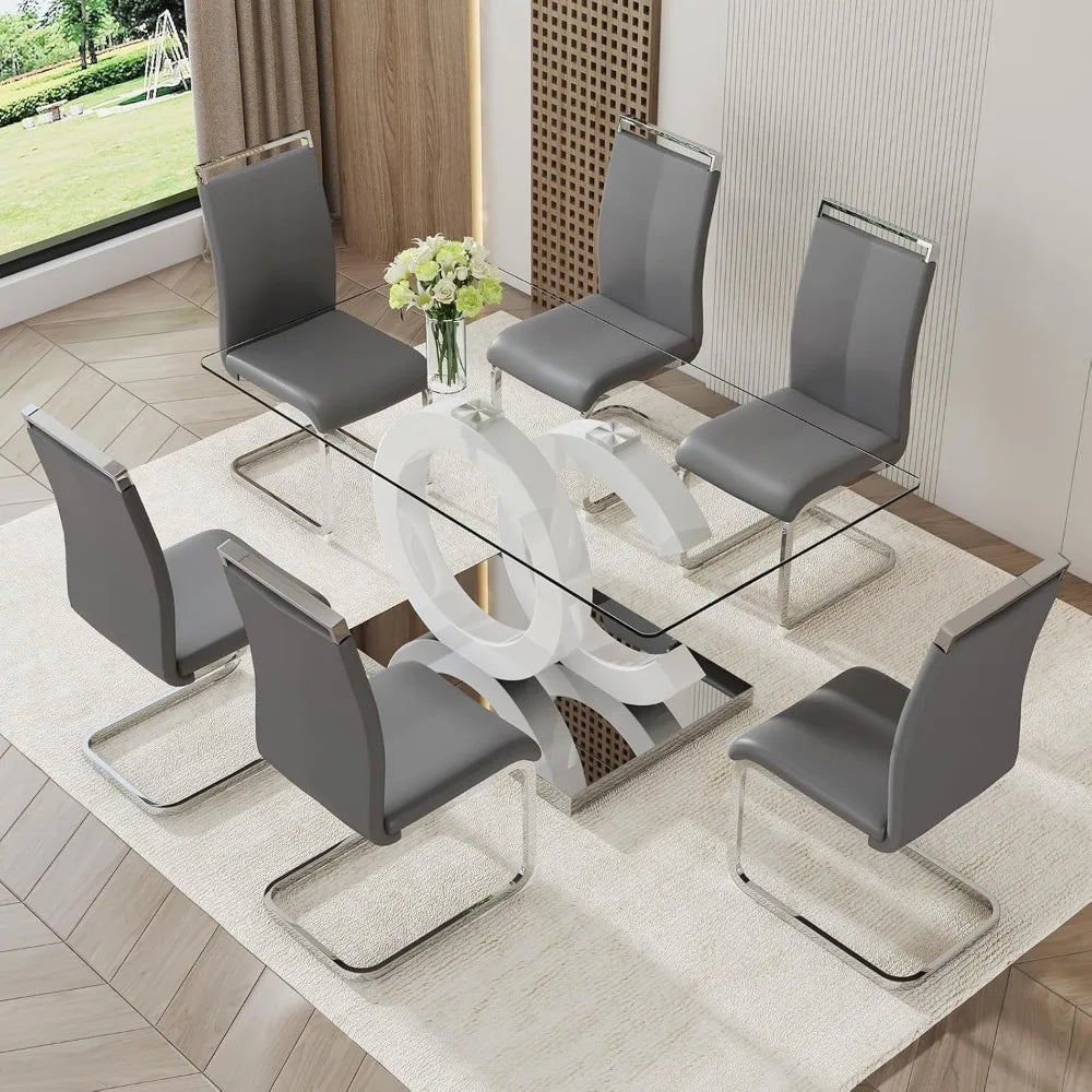 Glass Dining Table Set for 6 ,7 Piece Dining Table Set,Tempered Glass Table Top,PU Leather Ergonomic Dining Chairs Easy Assembly