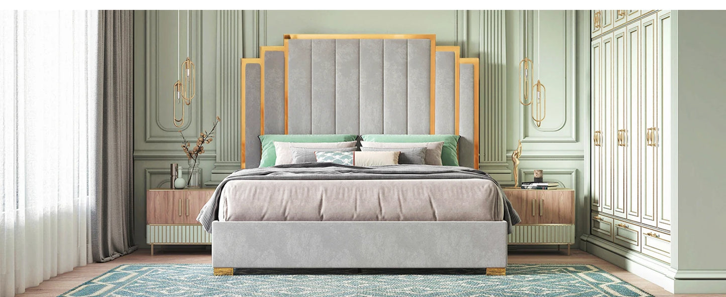 Queen Size Bed Frame and 61" Headboard, Upholstered Bed with Golden Plating Trim, Modern Platform Bed, Bed Bedroom Furniture
