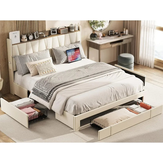 Queen Size Bed Frame with 3 Drawers, Upholstered Platform Beds with Storage Headboard and Charging Station