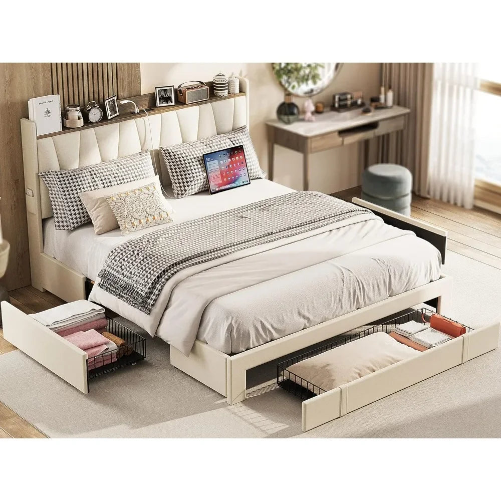 Queen Size Bed Frame with 3 Drawers, Upholstered Platform Beds with Storage Headboard and Charging Station