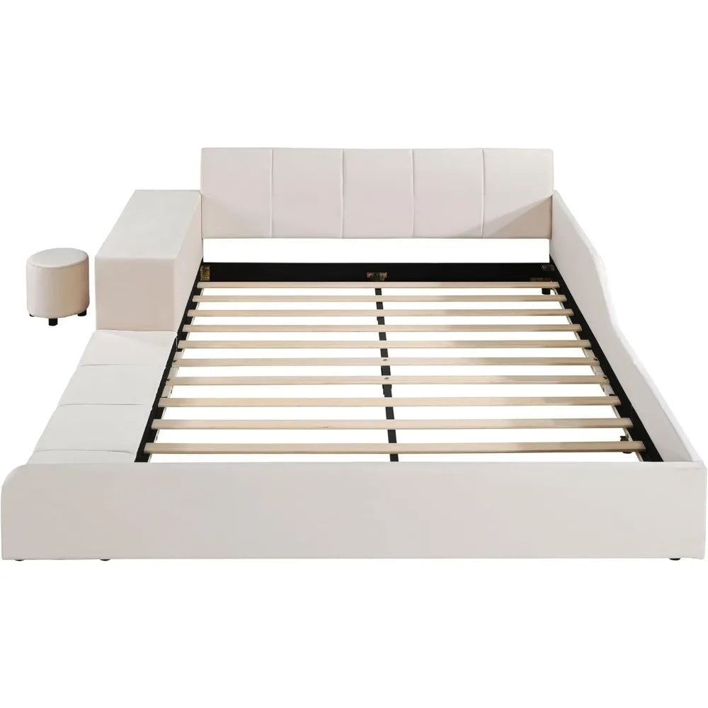 Queen Size Upholstered Grounded Bed with Bedside Desk and Stool,Upholstered Headboard,Grounded Upholstered Wood Base Bed Frame