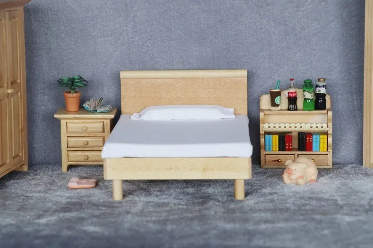 1:12 Scale Miniature Dollhouse Double Bed Mini Bedroom Wardrobe Furniture for OB11 BJD Doll Accessories Toy