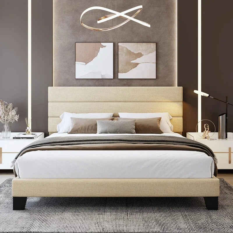King Bed Frame Platform Bed,Linen Fabric Upholstered Headboard and Wooden Slats Support,Heavy Duty Mattress Foundation,Beige