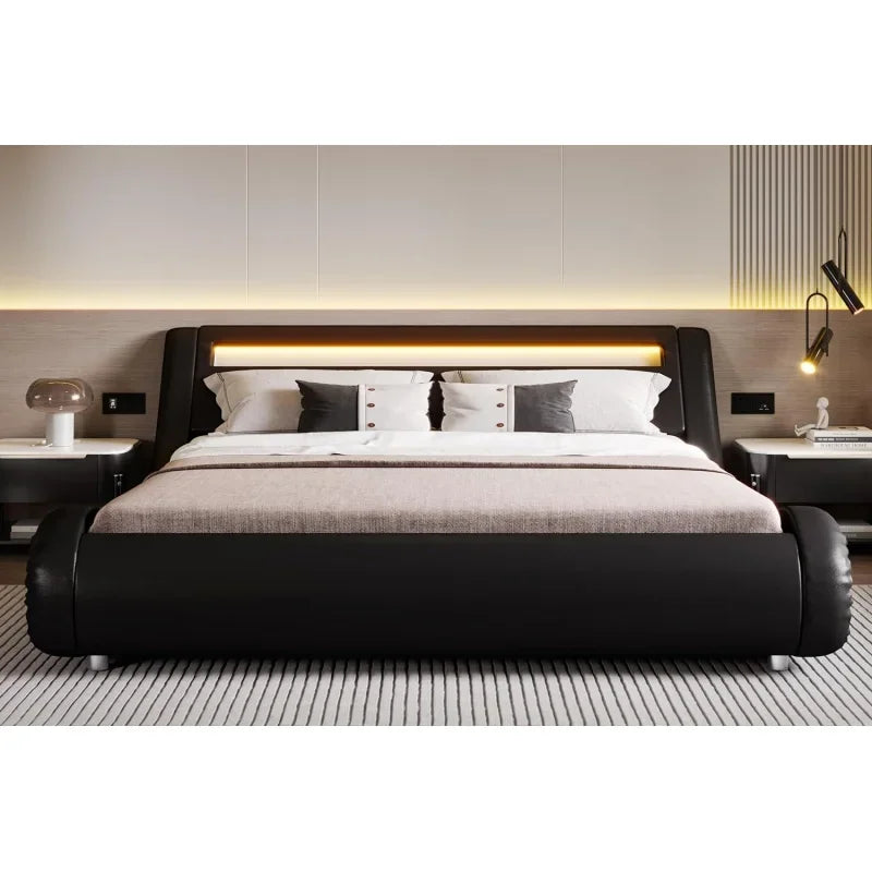 Deluxe Upholstered LED King Bed Frame with Adjustable Headboard - Low Profile Sleigh Design - Strong Wood Slats Support, No Box