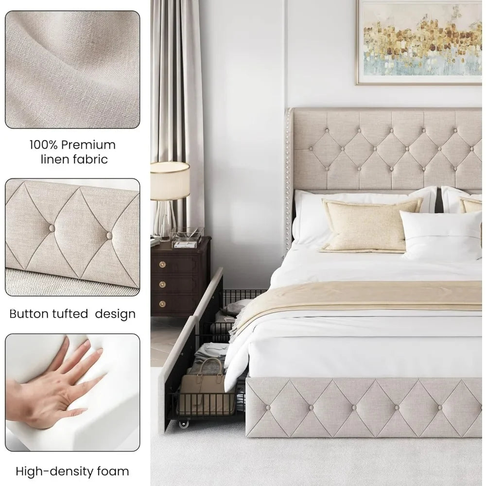 King Size Bed Frame with 4 Storage Drawers and Tufted Headboard Linen Upholstered Platform Bed Frame Wingback Beds.