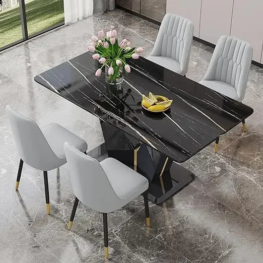 Marble Dining Table Set,Modern Dinings TablewithMDF Base Dinings Room Table and 4 Upholstered Metal Leg Chairs,Dining Room Sets
