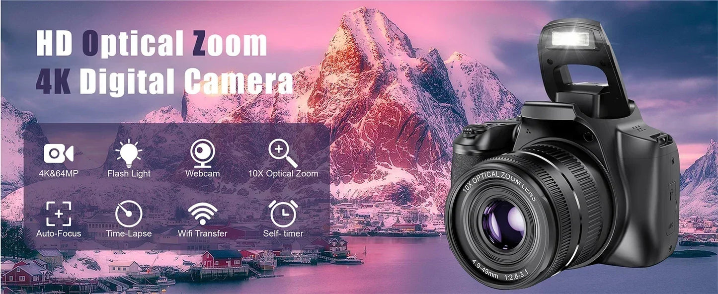 4K Professional Video SLR Camera 64MP Vlog Digital Camera for Youtube Livestream Webcam 10X Optical Zoom Photography Camcorder