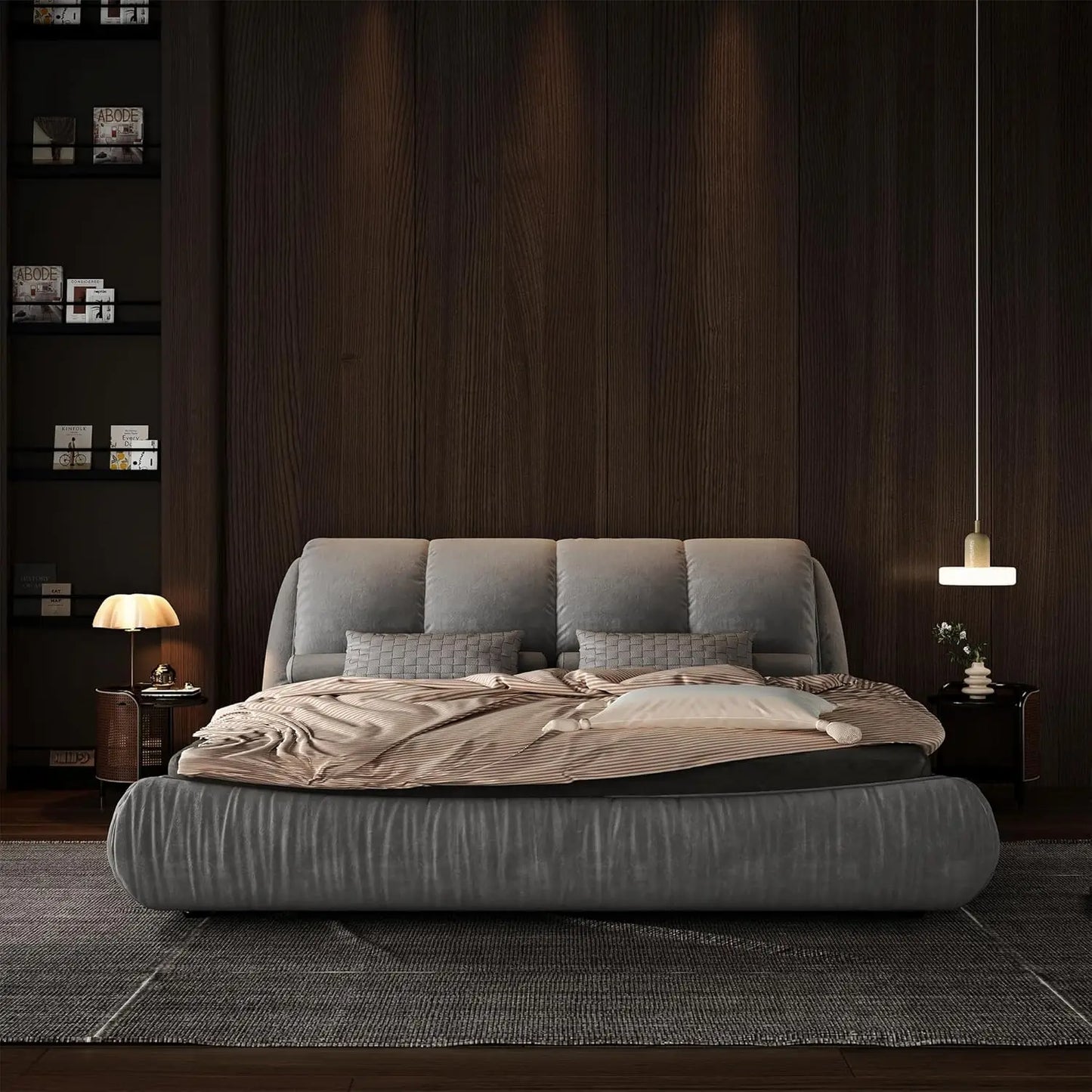 Deluxe king-size upholstered platform bed with upholstered backrest, soft-framed cloud bed, thickened pine slats, metal legs