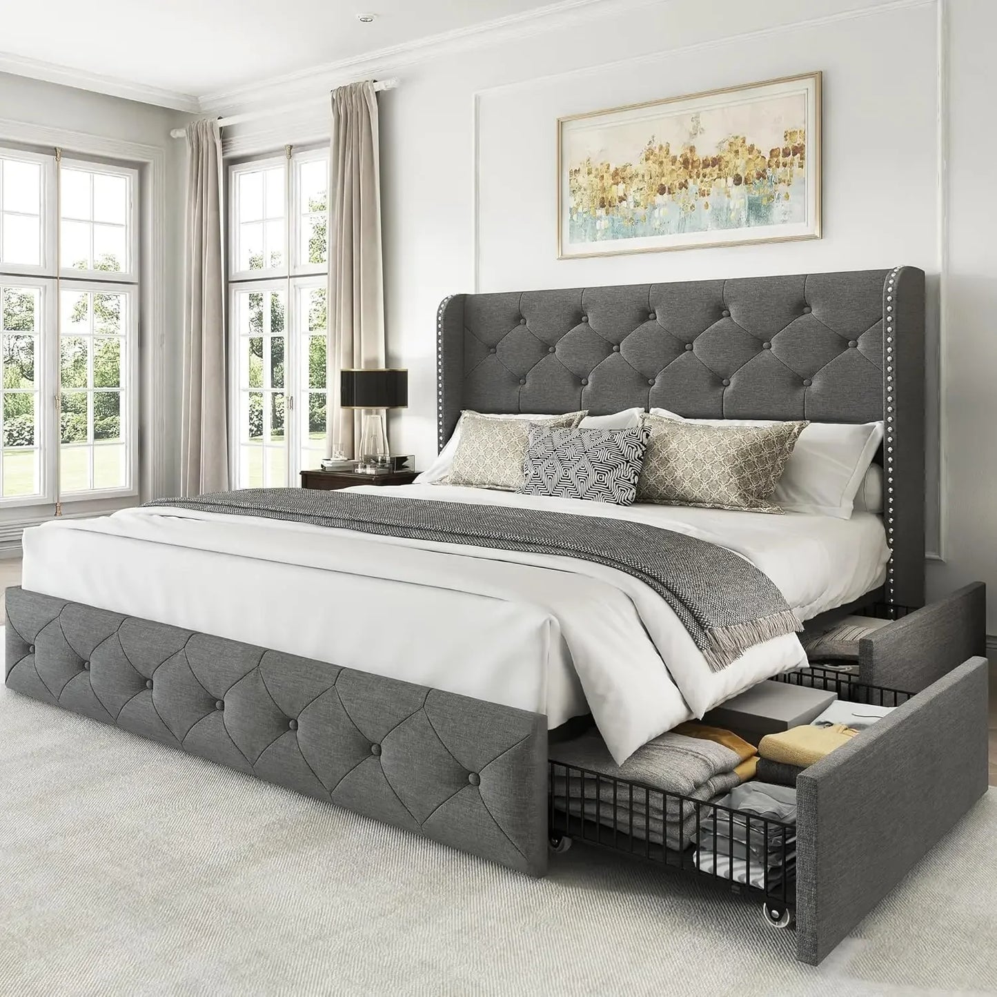 King Size Bed Frame with 4 Storage Drawers and Tufted Headboard Linen Upholstered Platform Bed Frame Wingback Beds.