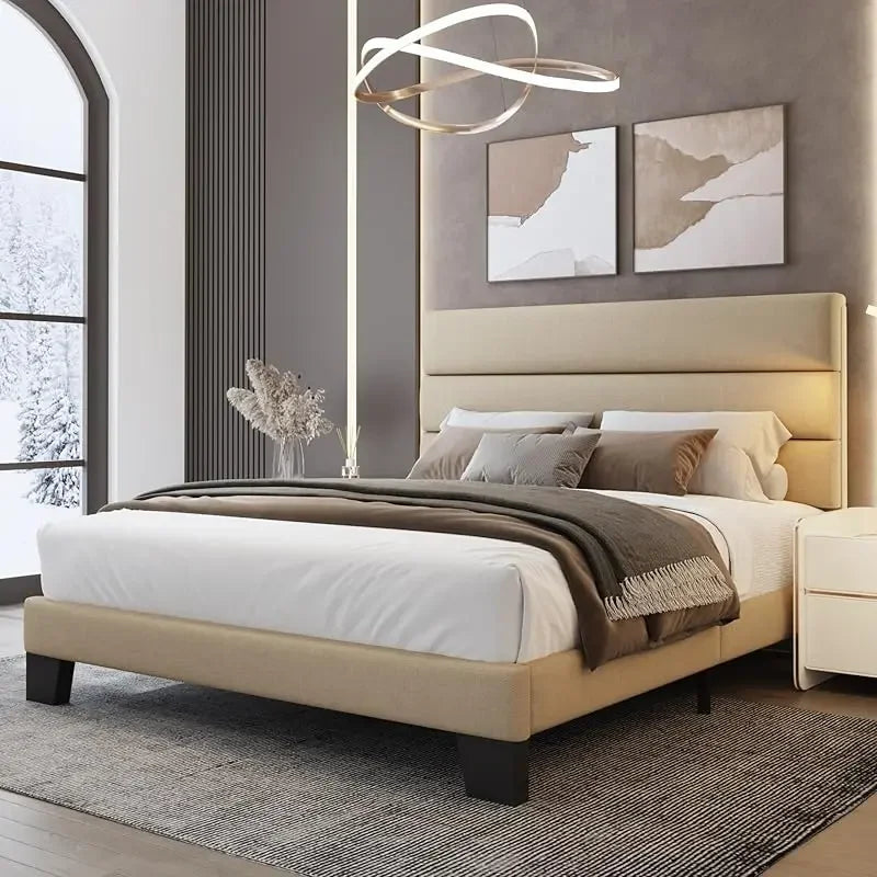 King Bed Frame Platform Bed,Linen Fabric Upholstered Headboard and Wooden Slats Support,Heavy Duty Mattress Foundation,Beige