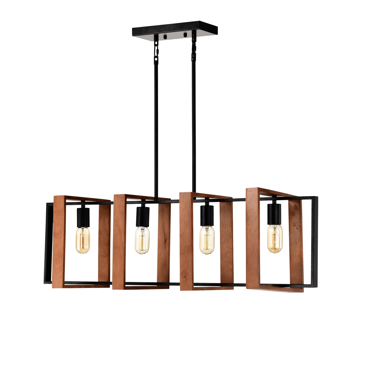 4-Light Kitchen Island Lights Pendant Light Farmhouse Dining Room Light Fixture, Rustic Wood and Black Metal Rectangular Chandel