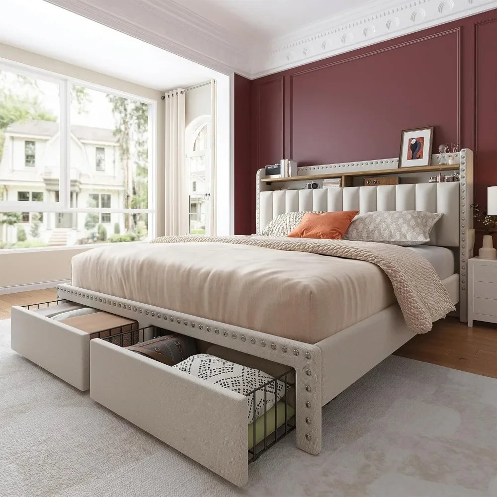 Queen Bed Frame with Headboard and Storage, Upholstered Queen Bed Frame with Storage, Queen Size Bed Frame with 2 Drawer