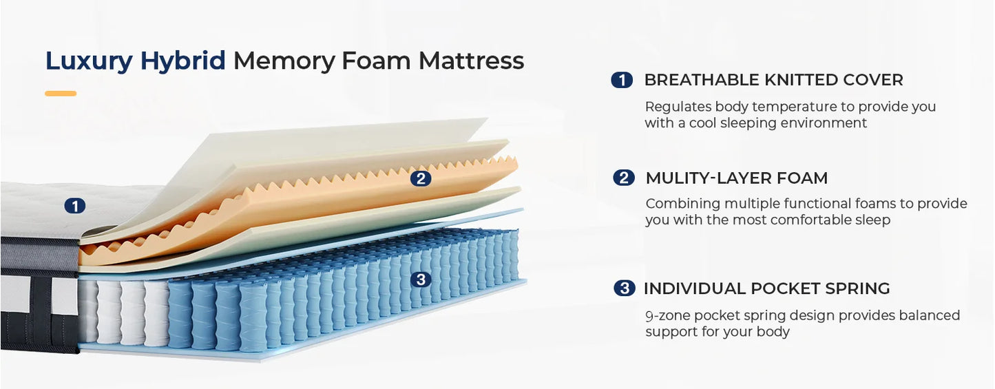 Vesgantti 11 Inch Pocket Sprung Mattress with Breathable Foam and Individually Pocket Spring - Medium, Luxury Box Top Collection