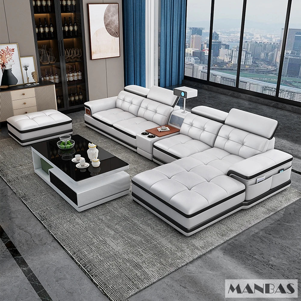 Bluetooth Speaker and Massage Italian Leather Sofa Set with USB, Cup Holder, Adjustable Headrests, Projector Living Room Couch
