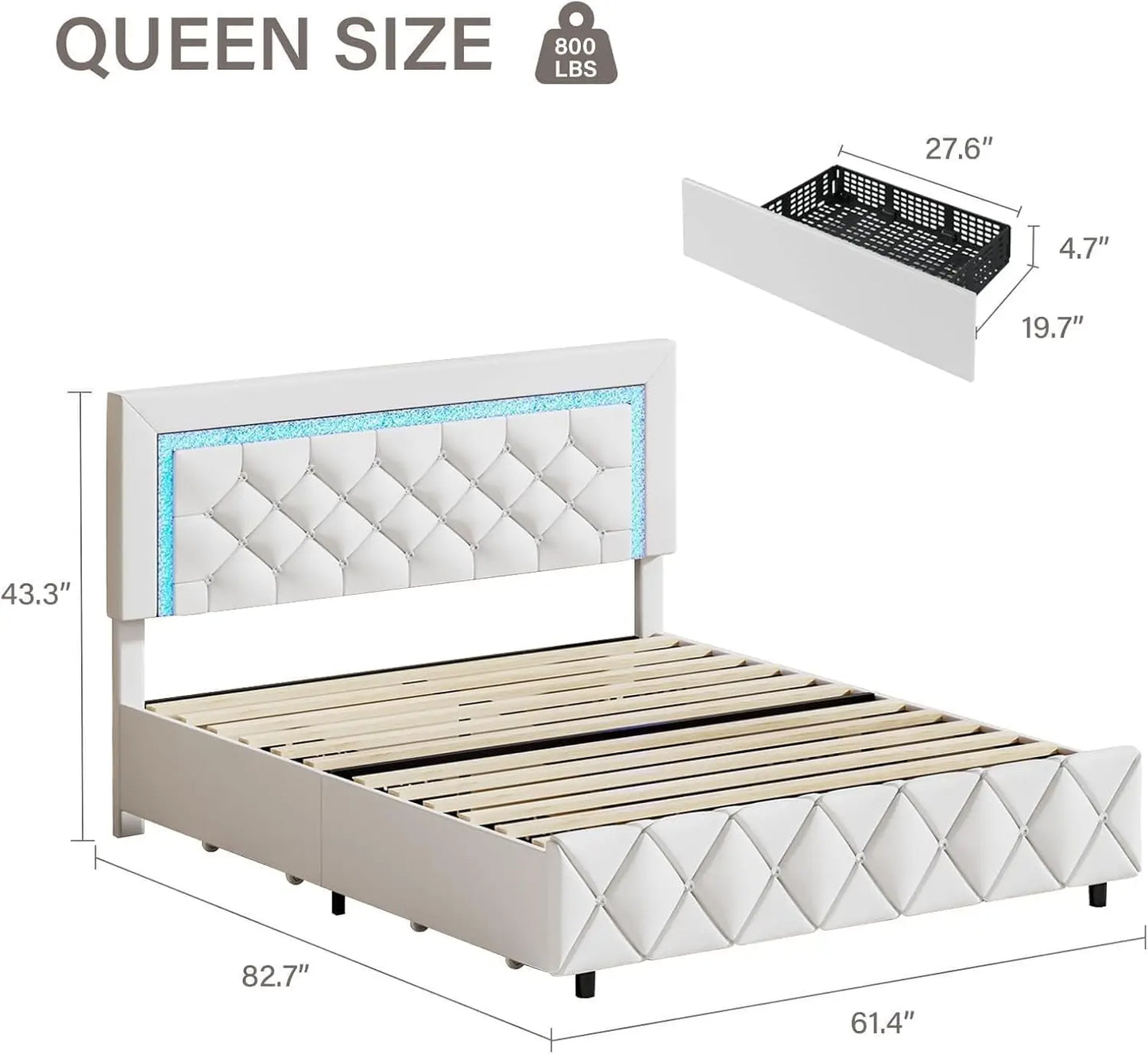 Queen Bed Frame with LED Lights, Upholstered Bed Frame with 4 Storage Drawers, Princess Platform Bed with Diamond Headboard