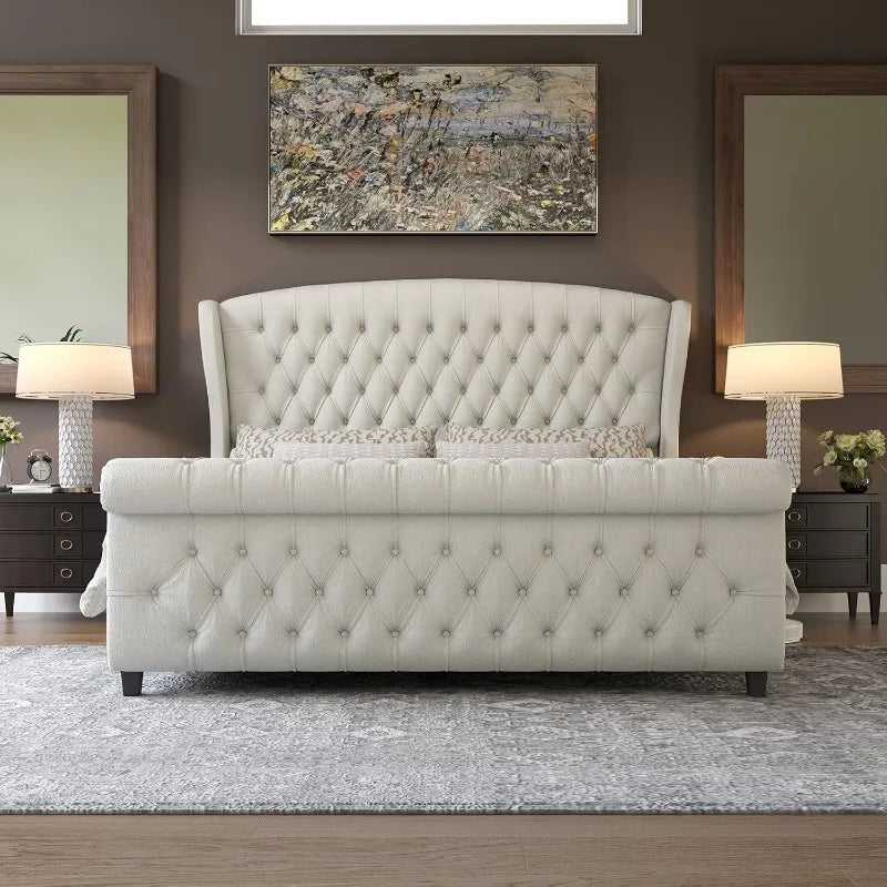 AMERLIFE King Size Platform Bed Frame, Chenille Upholstered Sleigh Bed with Scroll Wingback Headboard & Footboard/Button Tufted