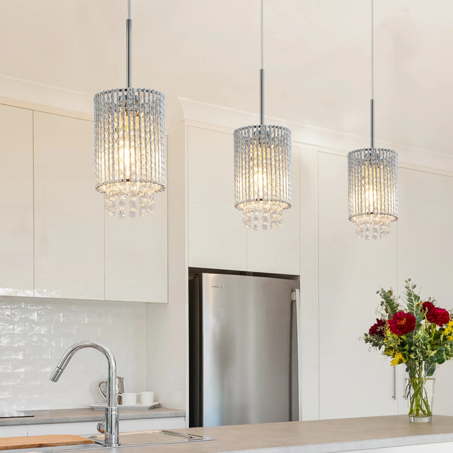 Modern Crystal Pendant Light 3-Pack Adjustable Chrome Hanging Ceiling Fixture with Clear Beads, Elegant Design (No Bulbs)