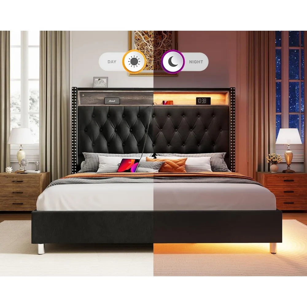 King Bed Frame with Headboard LED Lights and Charging Station, Velvet Tall Upholstered Platform Bed Storage No Box Spring Needed