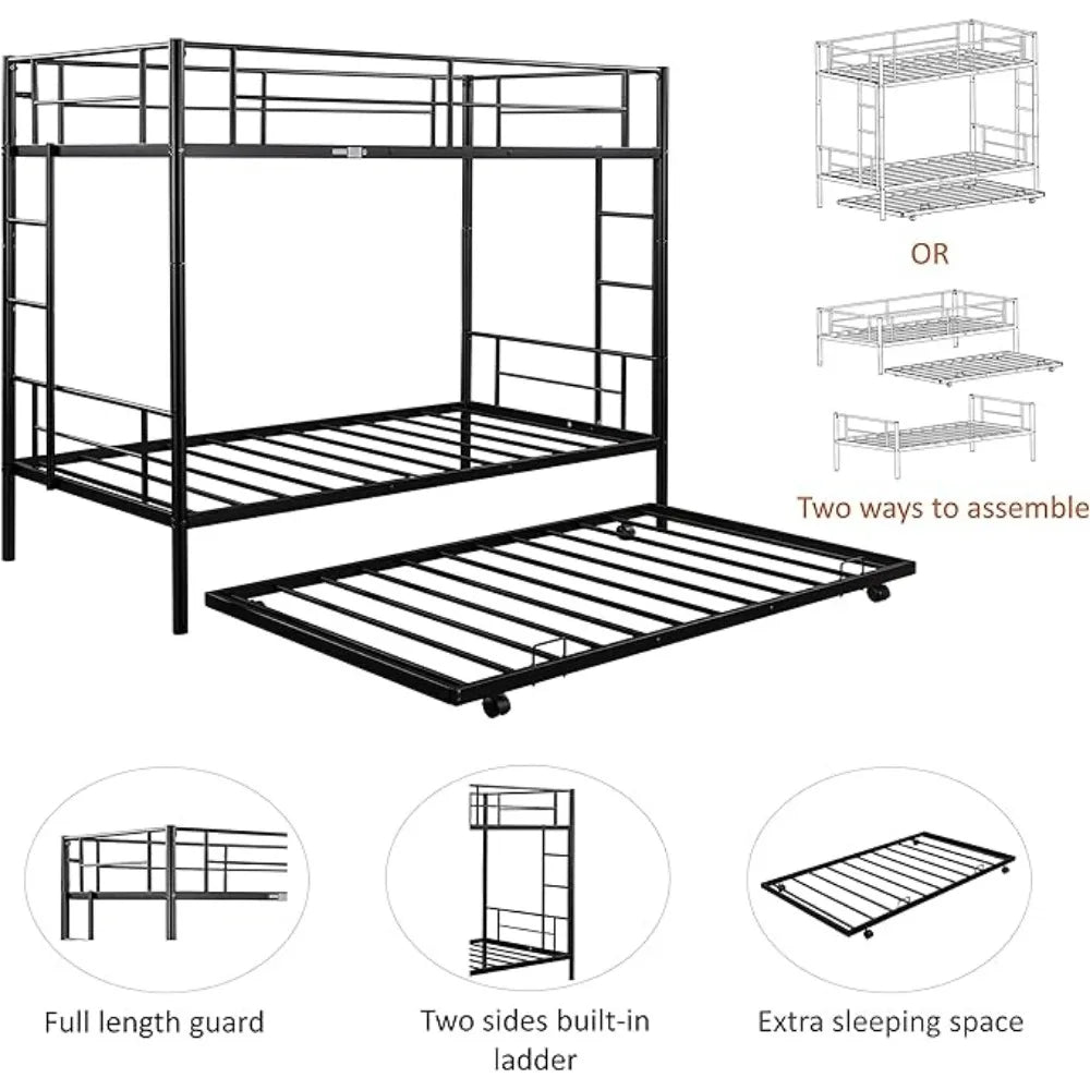 Twin Over Twin Metal Bunk Bed Trundle Frame with 2 Side Ladders Convertible Bunkbed Safety Guard Rails,No Box Spring Needed