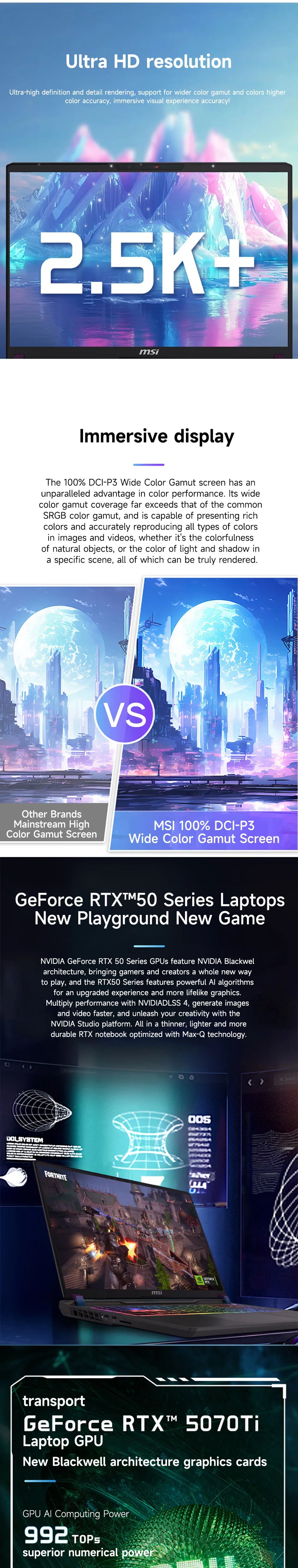 2025 MSI Vector 16 HX AI Gaming Laptop 16 Inch 2.5K 240Hz IPS Screen Netbook Ultra 9-275HX 32GB 1TB RTX5070Ti Netbook Computer