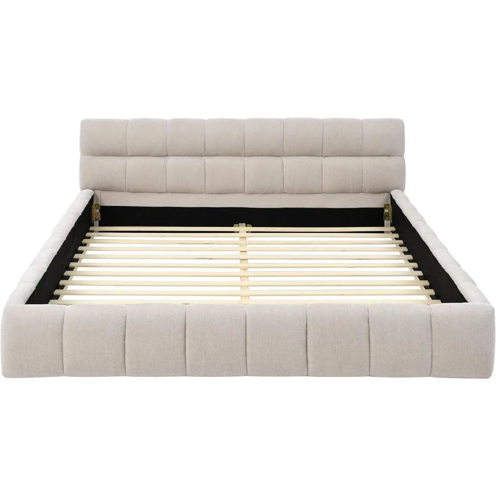 Queen Size Upholstered Grounded Bed with Bedside Desk and Stool,Upholstered Headboard,Grounded Upholstered Wood Base Bed Frame