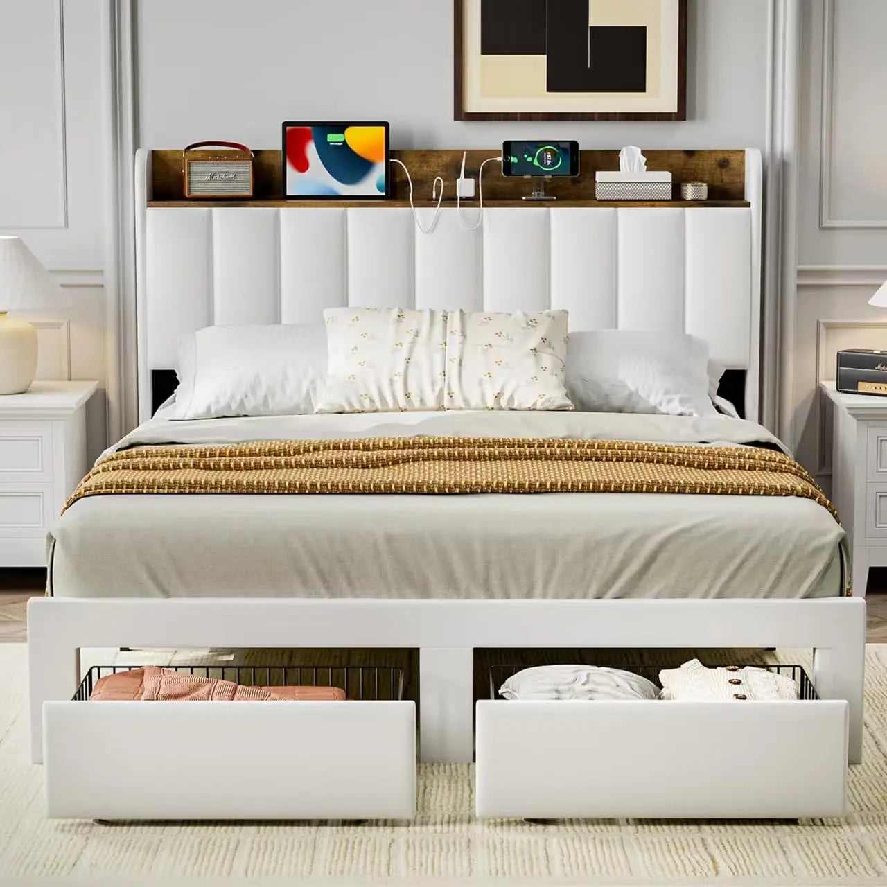Upholstered Bed Frame Queen Size with Headboard with Storage Drawers & Charging Station,No Box Spring Needed/Heavy Duty