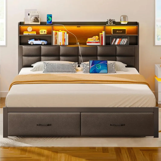 Bed Frame Full Size with Drawers and Charging Station, Upholstered Platform Bed with Storage Headboard and LED Light, Heavy Duty